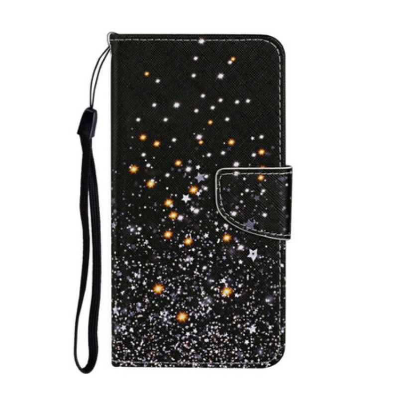 Capa De Couro Para Samsung Galaxy A31 Estrelas E Lantejoulas Com Cordão