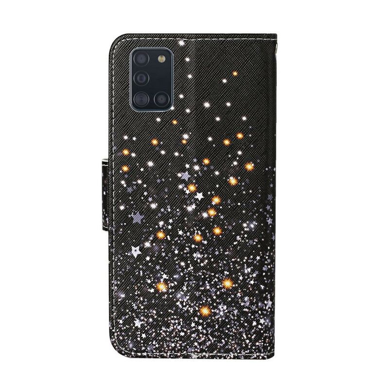 Capa De Couro Para Samsung Galaxy A31 Estrelas E Lantejoulas Com Cordão