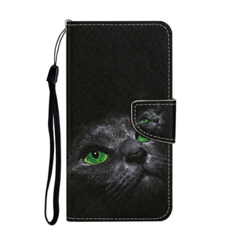 Capa De Couro Para Samsung Galaxy A31 Gato De Olhos Verdes Com Cordão