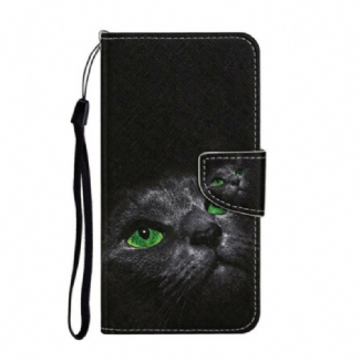 Capa De Couro Para Samsung Galaxy A31 Gato De Olhos Verdes Com Cordão