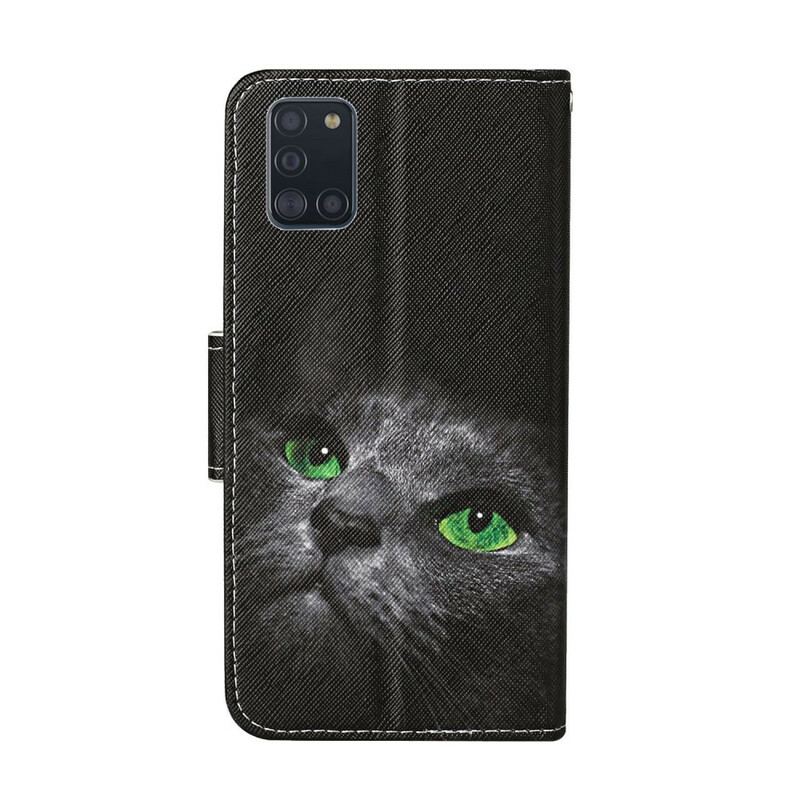 Capa De Couro Para Samsung Galaxy A31 Gato De Olhos Verdes Com Cordão