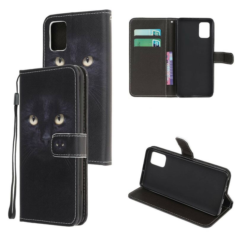 Capa Folio Para Samsung Galaxy A31 De Cordão Olhos De Gato Preto Com Tiras