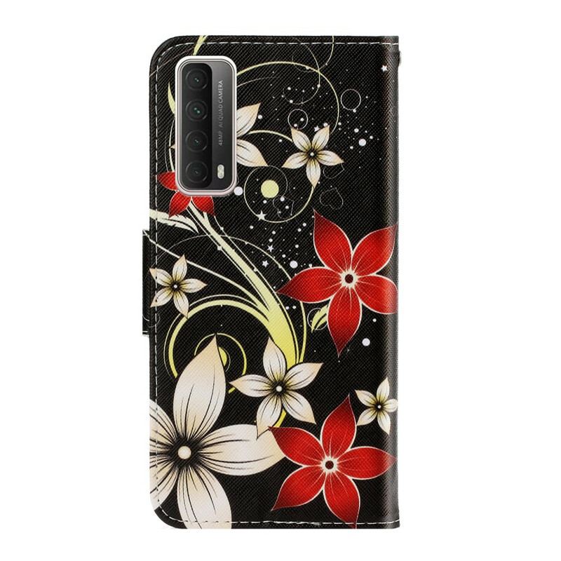 Capa De Couro Para Huawei P Smart 2021 De Cordão Flores Coloridas Com Tiras