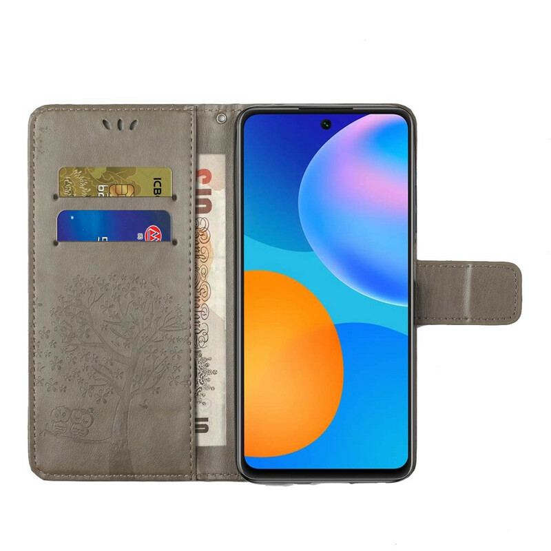 Capa De Couro Para Huawei P Smart 2021 De Cordão Tanga E Corujas