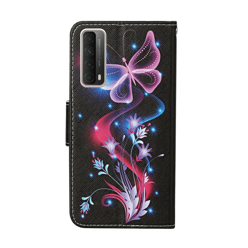 Capa Em Pele Para Huawei P Smart 2021 Borboletas E Cordão