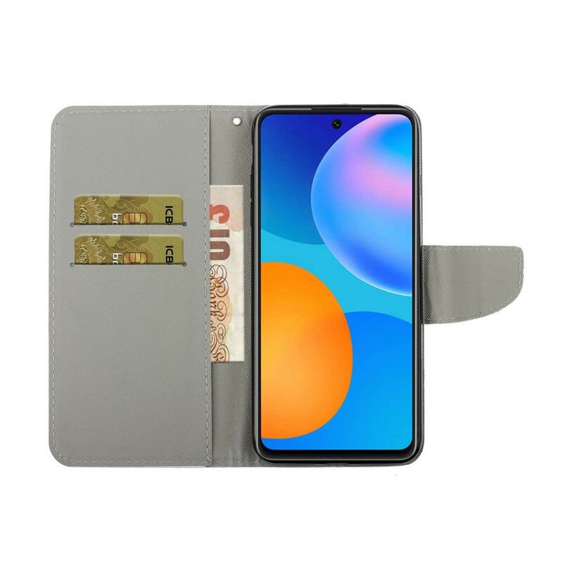 Capa Em Pele Para Huawei P Smart 2021 Borboletas E Cordão