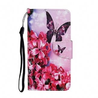 Capa Em Pele Para Huawei P Smart 2021 Cordão Floral Borboletas