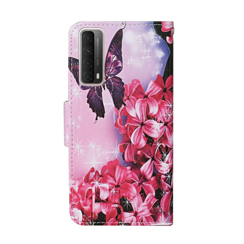 Capa Em Pele Para Huawei P Smart 2021 Cordão Floral Borboletas