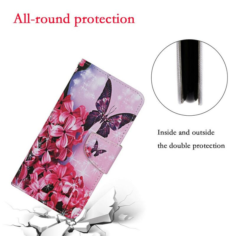 Capa Em Pele Para Huawei P Smart 2021 Cordão Floral Borboletas