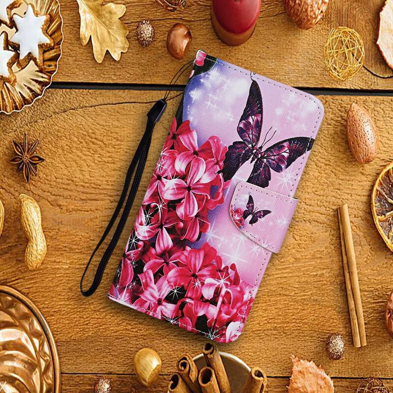 Capa Em Pele Para Huawei P Smart 2021 Cordão Floral Borboletas