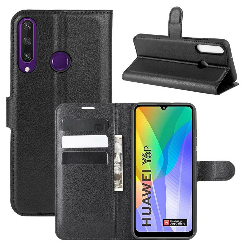 Capa Flip Para Huawei Y6p Couro Sintético De Lichia Clássico