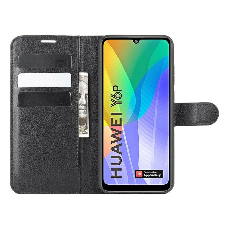 Capa Flip Para Huawei Y6p Couro Sintético De Lichia Clássico