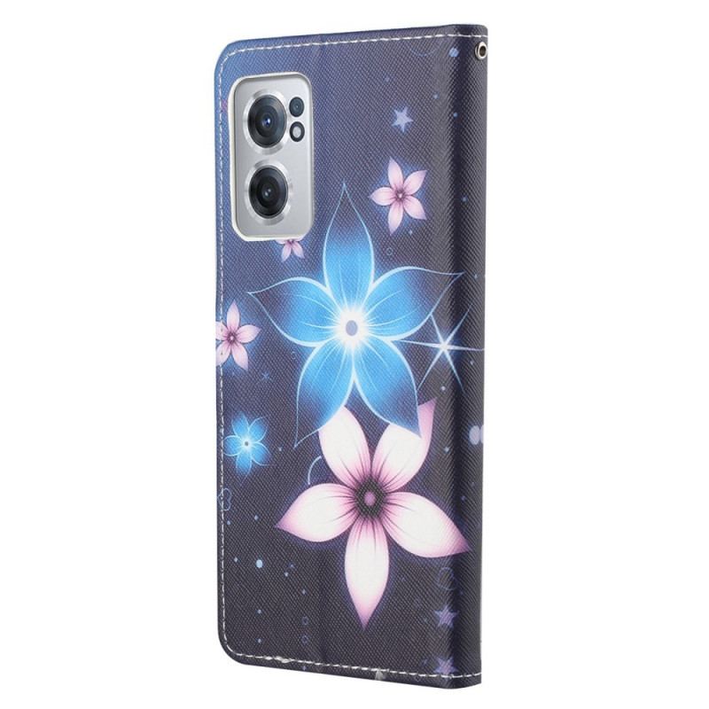 Capa De Couro Para OnePlus Nord CE 2 5G Flores Azuis E Rosas