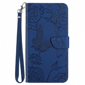 Capa Flip Para OnePlus Nord CE 2 5G De Cordão Pulseira Borboletas E Flores