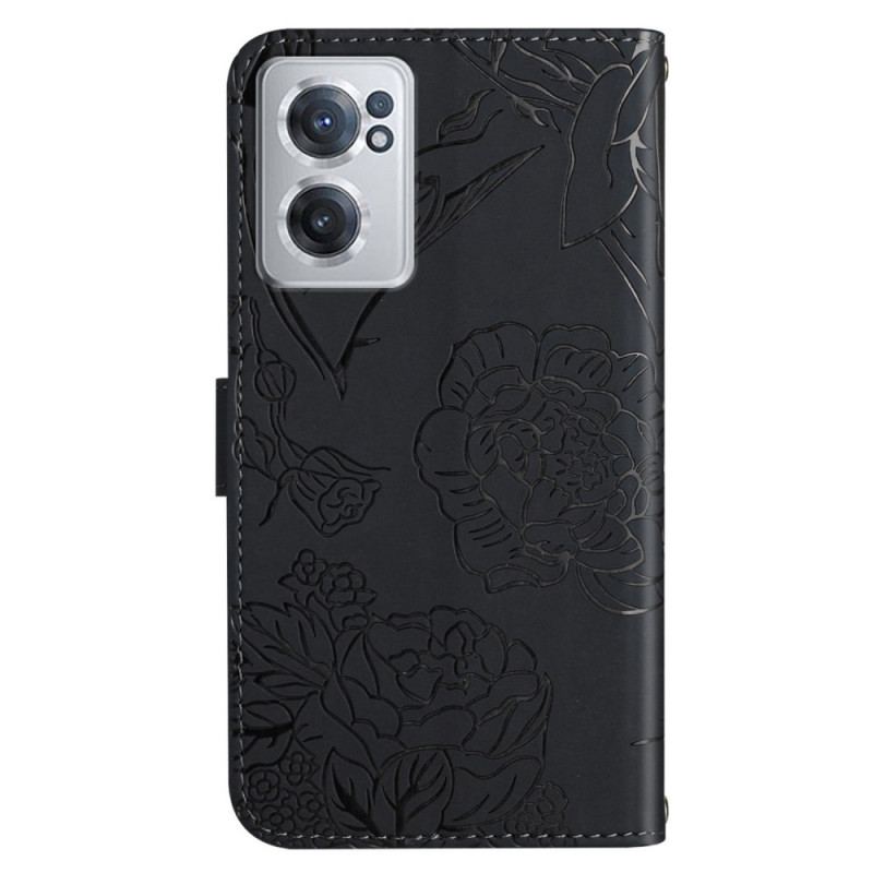 Capa Flip Para OnePlus Nord CE 2 5G De Cordão Pulseira Borboletas E Flores