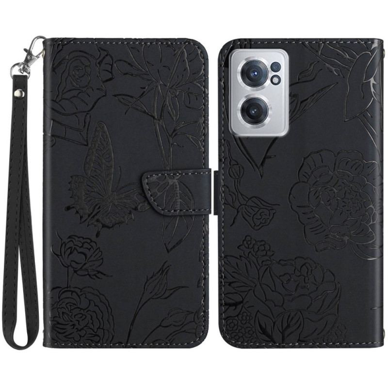 Capa Flip Para OnePlus Nord CE 2 5G De Cordão Pulseira Borboletas E Flores