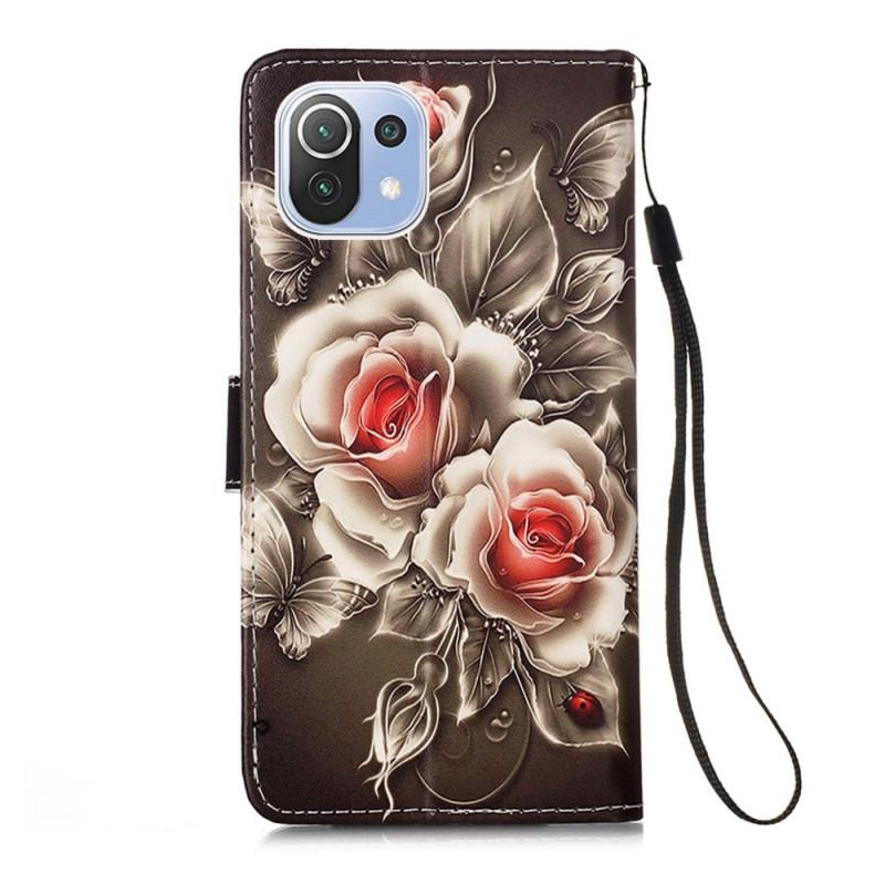 Capa De Couro Para Xiaomi Mi 11 Lite 4G / 5G / 5G NE Rosas Douradas