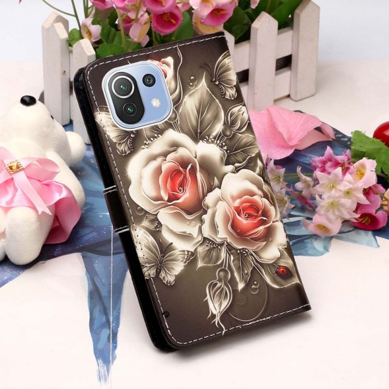 Capa De Couro Para Xiaomi Mi 11 Lite 4G / 5G / 5G NE Rosas Douradas