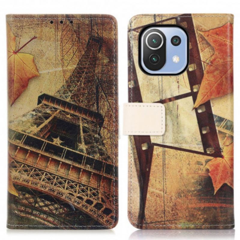 Capa De Couro Para Xiaomi Mi 11 Lite 4G / 5G / 5G NE Torre Eiffel No Outono