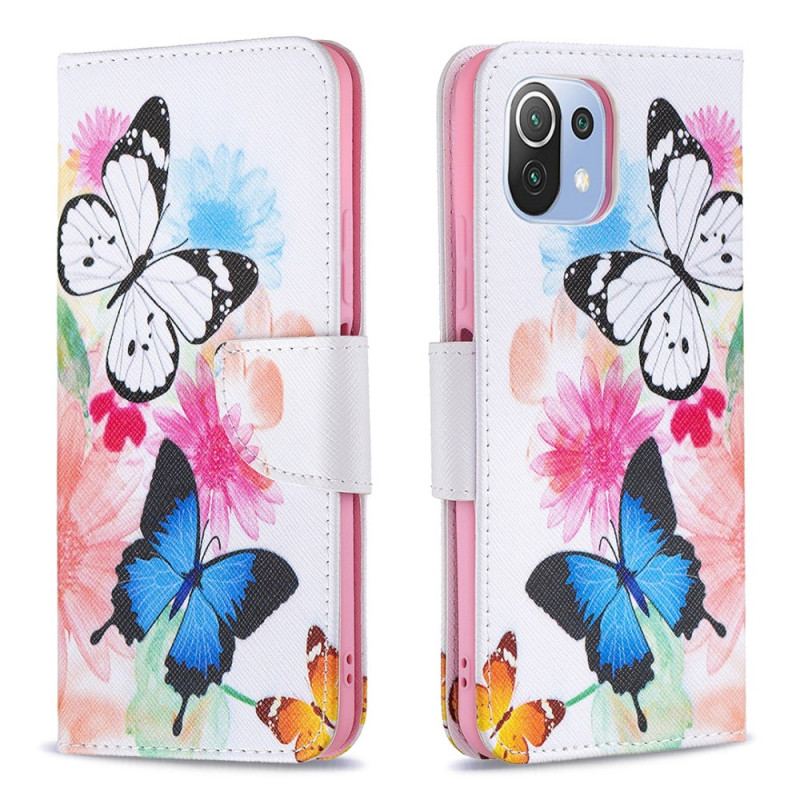 Capa Flip Para Xiaomi Mi 11 Lite 4G / 5G / 5G NE Borboletas E Flores Pintadas