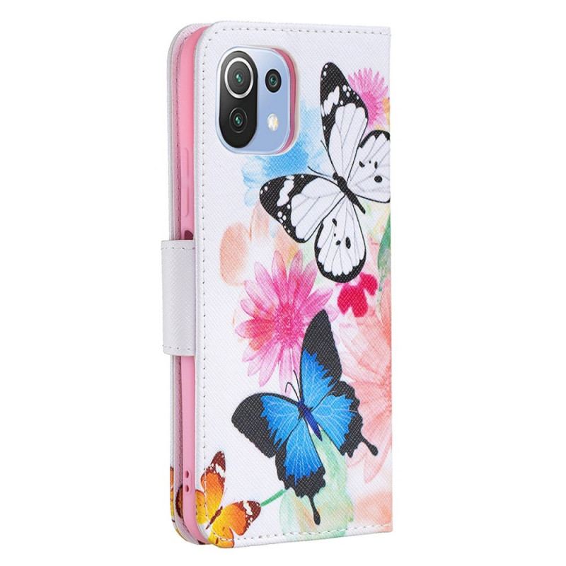 Capa Flip Para Xiaomi Mi 11 Lite 4G / 5G / 5G NE Borboletas E Flores Pintadas