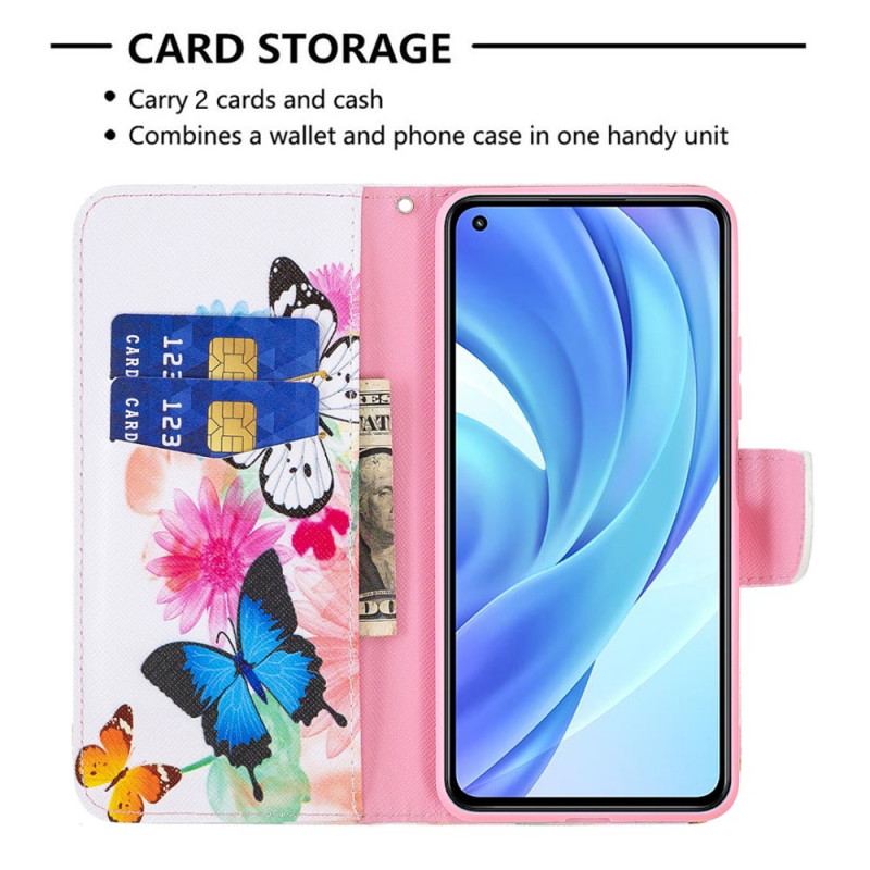 Capa Flip Para Xiaomi Mi 11 Lite 4G / 5G / 5G NE Borboletas E Flores Pintadas