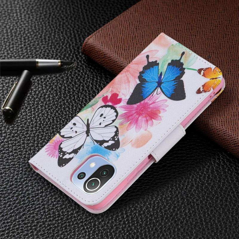 Capa Flip Para Xiaomi Mi 11 Lite 4G / 5G / 5G NE Borboletas E Flores Pintadas