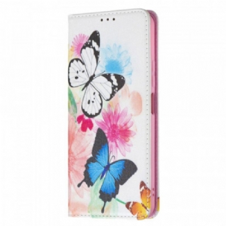 Capa Flip Para Xiaomi Mi 11 Lite 4G / 5G / 5G NE Borboletas E Flores Pintadas