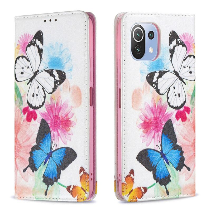 Capa Flip Para Xiaomi Mi 11 Lite 4G / 5G / 5G NE Borboletas E Flores Pintadas