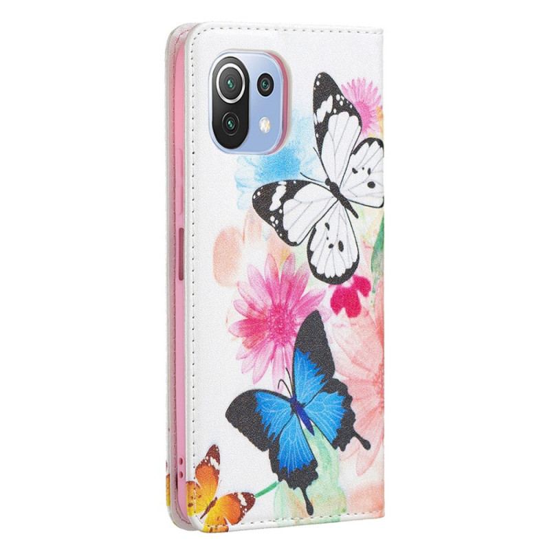 Capa Flip Para Xiaomi Mi 11 Lite 4G / 5G / 5G NE Borboletas E Flores Pintadas