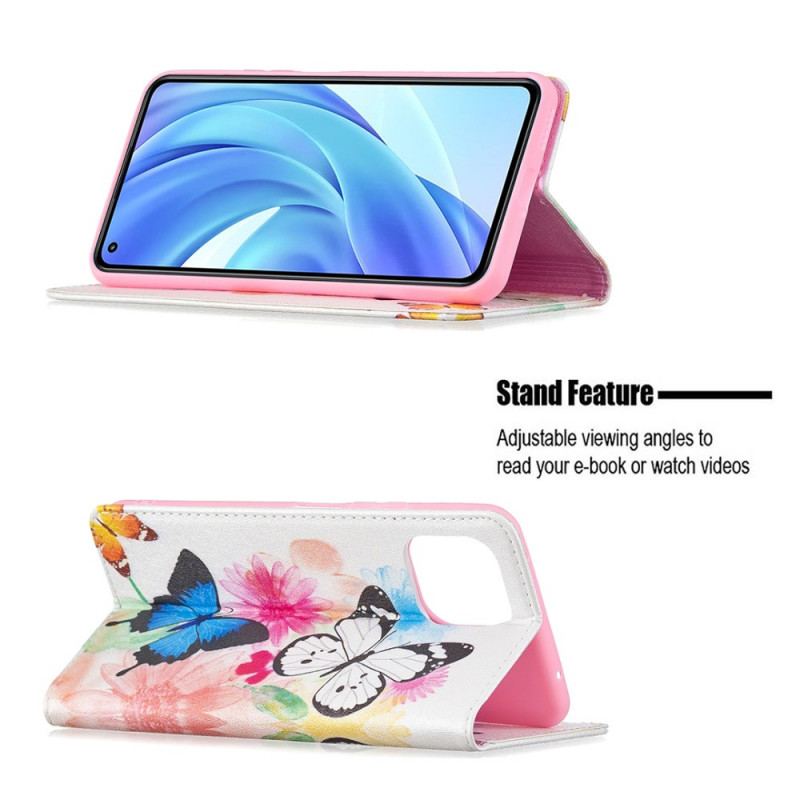 Capa Flip Para Xiaomi Mi 11 Lite 4G / 5G / 5G NE Borboletas E Flores Pintadas