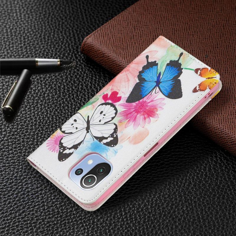 Capa Flip Para Xiaomi Mi 11 Lite 4G / 5G / 5G NE Borboletas E Flores Pintadas