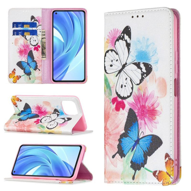 Capa Flip Para Xiaomi Mi 11 Lite 4G / 5G / 5G NE Borboletas E Flores Pintadas