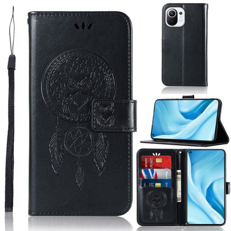 Capa Flip Para Xiaomi Mi 11 Lite 4G / 5G / 5G NE Coruja Apanhador De Sonhos Efeito Couro