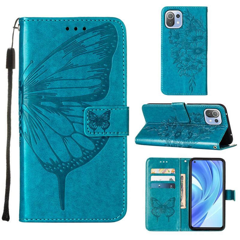 Capa Flip Para Xiaomi Mi 11 Lite 4G / 5G / 5G NE Design De Borboleta Com Cordão