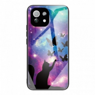 Capa Para Xiaomi Mi 11 Lite 4G / 5G / 5G NE Gato E Borboletas De Vidro Temperado