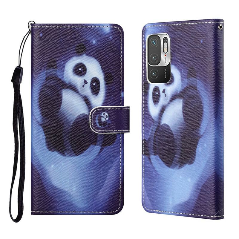 Capa De Couro Para Poco M3 Pro 5G De Cordão Espaço Panda Com Lanyard