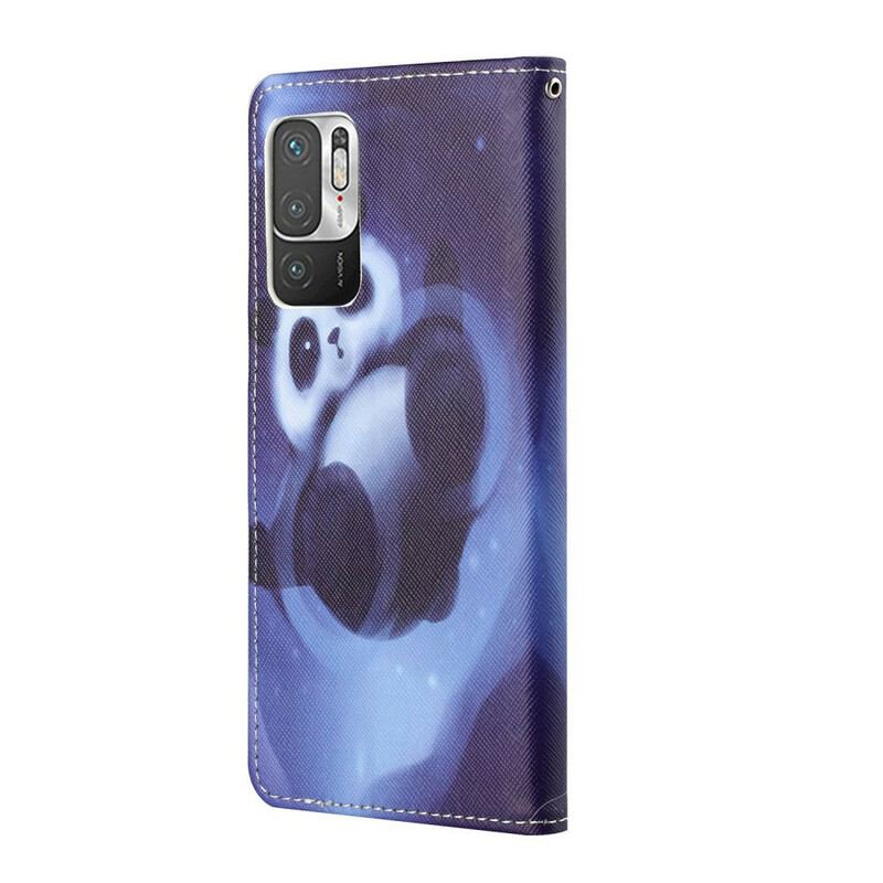 Capa De Couro Para Poco M3 Pro 5G De Cordão Espaço Panda Com Lanyard