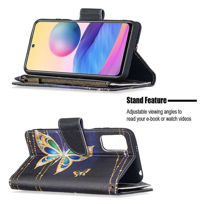 Capa Flip Para Poco M3 Pro 5G Bolso Com Zíper De Borboletas