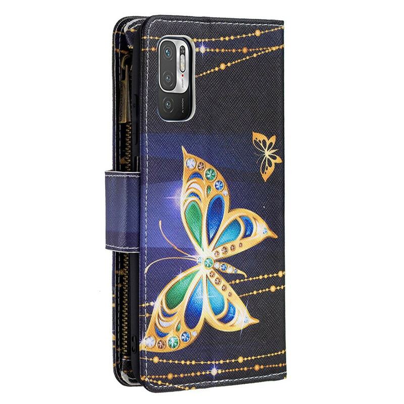 Capa Flip Para Poco M3 Pro 5G Bolso Com Zíper De Borboletas