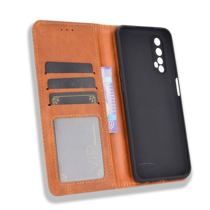 Capa De Celular Para Realme 7 Flip Efeito Couro Vintage Estilizado