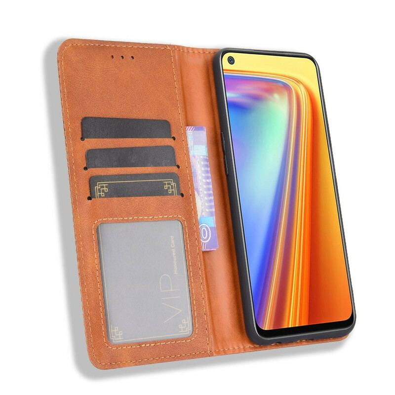 Capa De Celular Para Realme 7 Flip Efeito Couro Vintage Estilizado