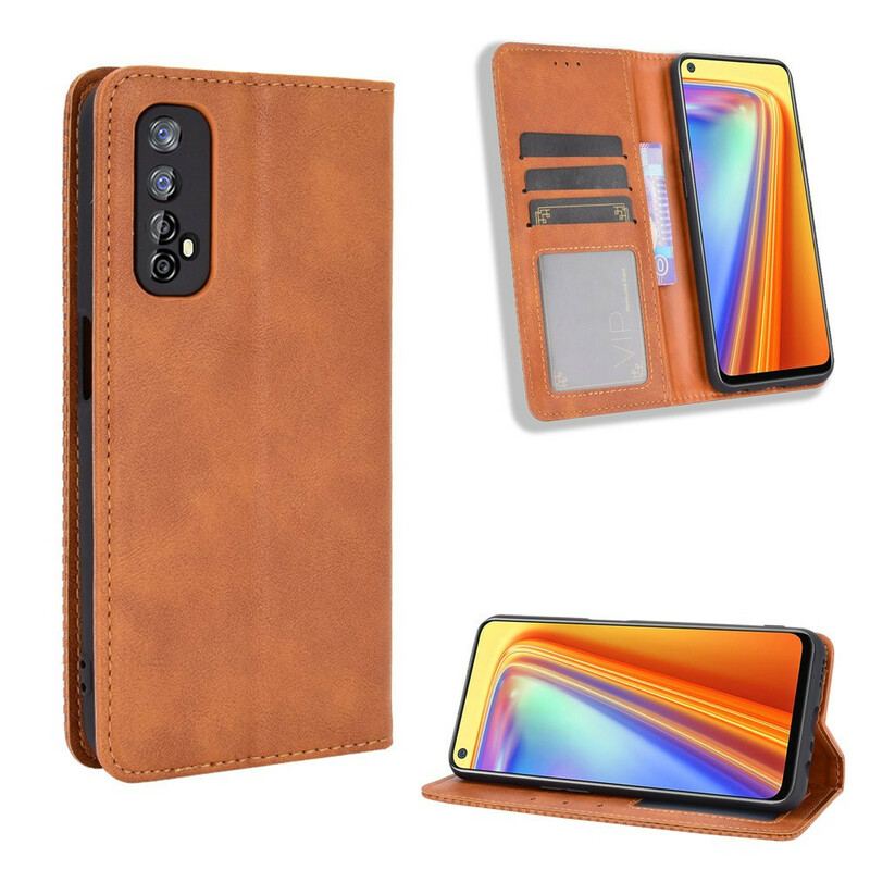 Capa De Celular Para Realme 7 Flip Efeito Couro Vintage Estilizado