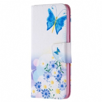 Capa De Couro Para Xiaomi Redmi Note 9 Borboletas E Flores Pintadas