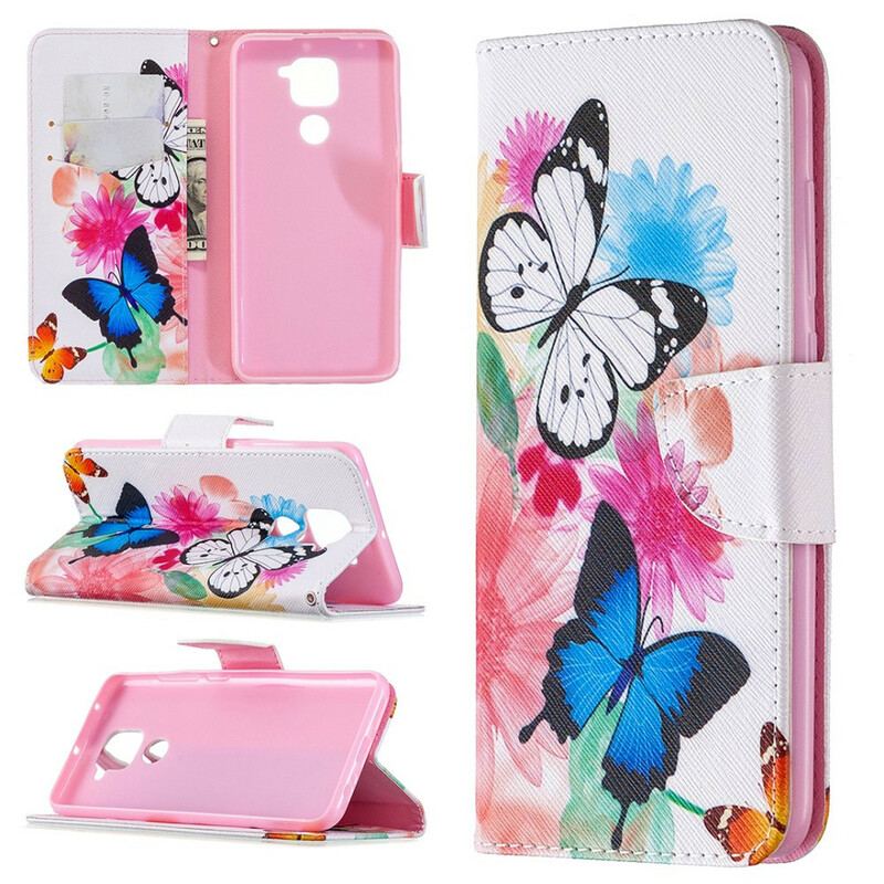 Capa De Couro Para Xiaomi Redmi Note 9 Borboletas E Flores Pintadas