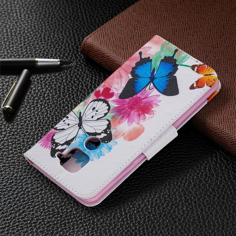 Capa De Couro Para Xiaomi Redmi Note 9 Borboletas E Flores Pintadas