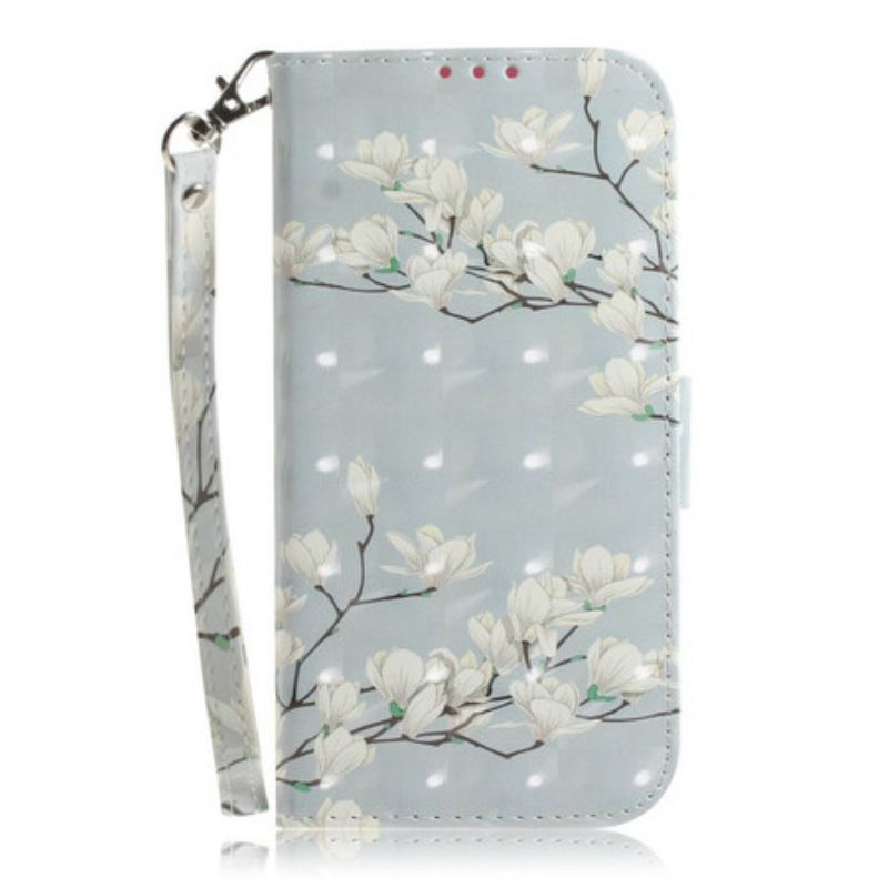 Capa De Couro Para Xiaomi Redmi Note 9 De Cordão Árvore De Flores De Cinta