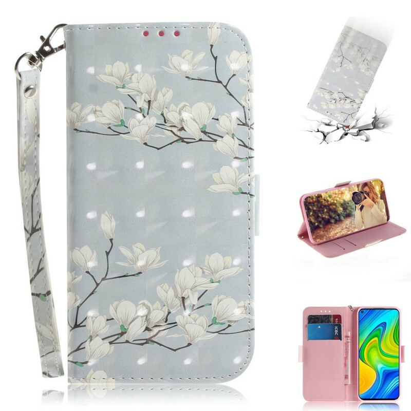 Capa De Couro Para Xiaomi Redmi Note 9 De Cordão Árvore De Flores De Cinta