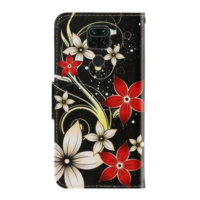 Capa De Couro Para Xiaomi Redmi Note 9 De Cordão Flores Coloridas Com Tiras