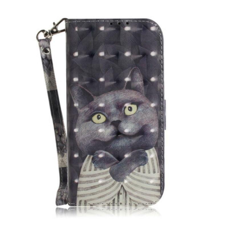 Capa De Couro Para Xiaomi Redmi Note 9 De Cordão Gato Cinzento Com Alça